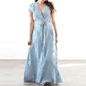 Shabby Apple Rayas Maxi Dress (L) Nautical Stripes Chambray Tie Waist